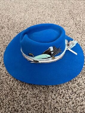 Rustler Custom Blue Felt Hat with Feather Trim